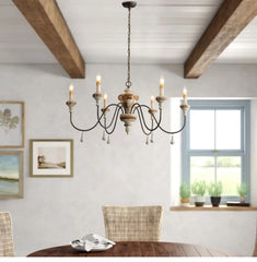 Distressed Wood Candle Chandelier Semi-Flush Mount Light