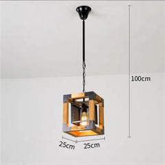 Wood and Black Industrial Cage Rectangular Chandelier with 5 Lights