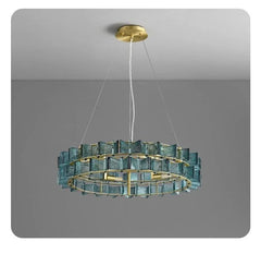 Gold Ring Chandelier with Textured Butterfly Glass Cubes