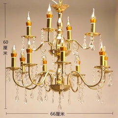 Gold Candelabra Chandelier with Crystal Droplets and Candle Lights