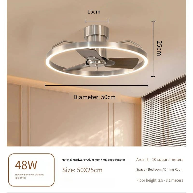 Ceiling fan with dimensions and specifications on a neutral background