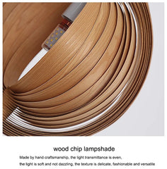 Wood chip lampshade with text describing its craftsmanship and features