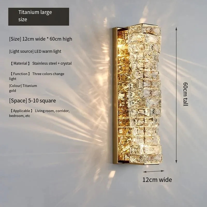 Wall-mounted light fixture with dimensions and features on a white wall background