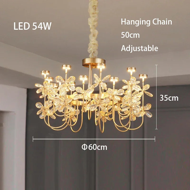 Chandelier with LED 54W label, hanging chain dimensions, and measurements on a neutral background.