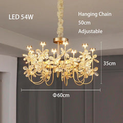 Chandelier with LED 54W label, hanging chain dimensions, and measurements on a neutral background.