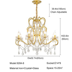 Gold chandelier with crystal accents and dimensions on a white background