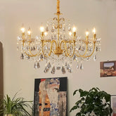 A wide shot of a grand gold chandelier with cascading crystals, illuminating a room with artwork and plants.