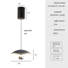 Pendant light with dimensions and specifications on a white background