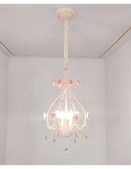 Pink Rose Crystal Chandelier Pendant Light with Floral Accents