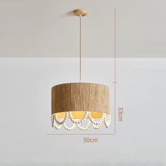 Jute Drum Pendant Light with Natural Wood Beads Accent