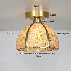 Ceiling light fixture with measurements and material labels on a white background