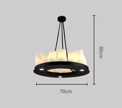 Modern black chandelier with dimensions on a gray background