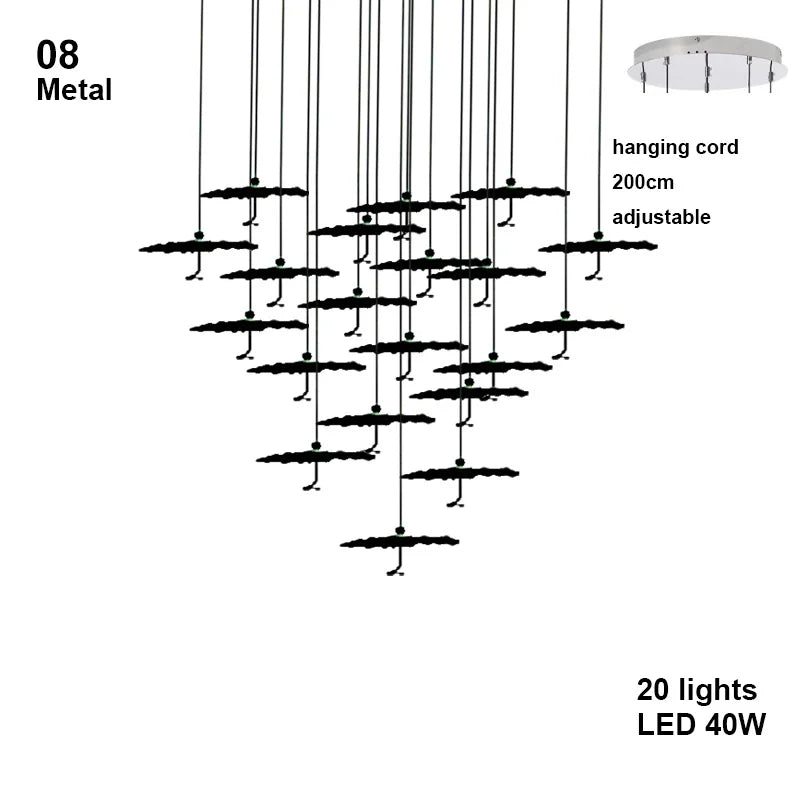 Chandelier with 20 lights and adjustable hanging cord on a white background