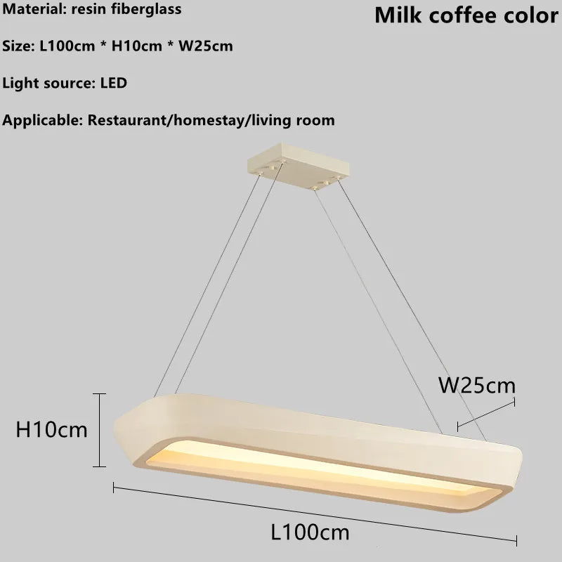 Rectangular pendant light with dimensions and material details on a gray background