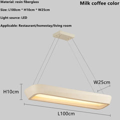 Rectangular pendant light with dimensions and material details on a gray background