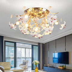 Gold Floral Ceramic Lily Chandelier with Crystal Accents