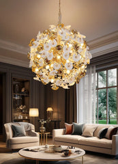 Gold Floral Ceramic Lily Chandelier with Crystal Accents