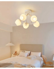 Flower Bud Semi-Flush Ceiling Light White Glass Green Metal Accents