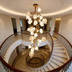 Gold Floral Pendant Light with Crystal Bell Shades and Leaf Accents