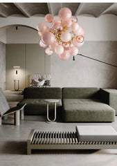 Pink Glass Orb Chandelier with Gold Metal Frame Clusters