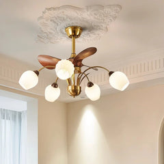 Gold Brass Sputnik Fan Chandelier with Frosted Glass Bell Shades