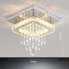 Crystal ceiling light fixture with dimensions on a neutral background