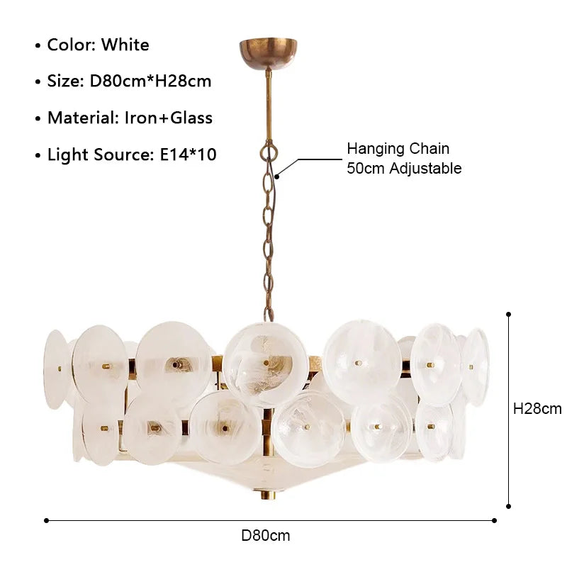 Chandelier with white glass shades and brass accents, featuring dimensions and material details.