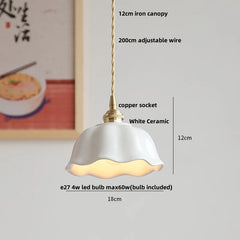 White ceramic pendant light with measurements and specifications on a neutral background
