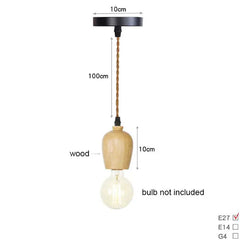Wooden pendant light with measurements on a white background