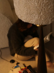 Dark Grey Floor Lamp with Embossed Rose Drum Shade and Gold Accents