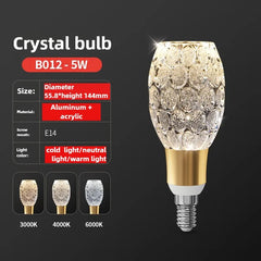 Crystal bulb with specifications on a dark background