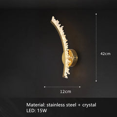 Wall-mounted light fixture with dimensions and material details on a dark background