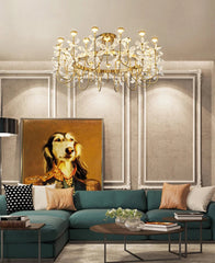 Modern living room with teal sectional sofa, chandelier, and framed artwork of a dog.