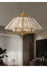 Brass Crystal Faceted Pendant Light with Fan Shape Shade Design