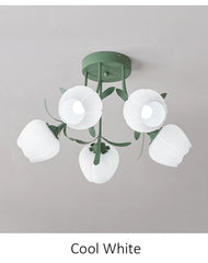 Flower Bud Semi-Flush Ceiling Light White Glass Green Metal Accents
