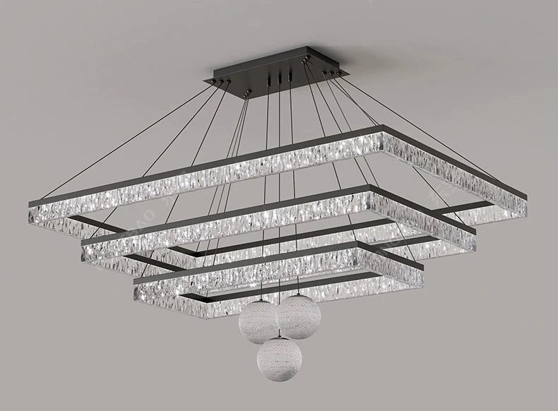 Modern chandelier with crystal accents on a gray background