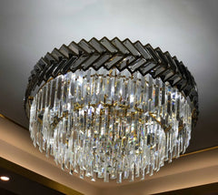 Gold Crystal Tiered Waterfall Chandelier with Geometric Accents