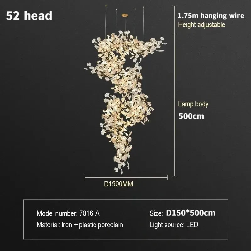 Chandelier with dimensions and specifications on a black background