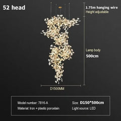 Chandelier with dimensions and specifications on a black background