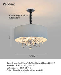 Blue Fabric Drum Pendant Light with Crystal Accents