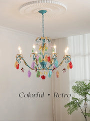 Teal & Gold Metal Chandelier Colorful Crystal Fruit & Leaf Accents
