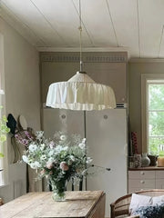 White Fabric Pleated Pendant Light with Gold Accents and Ruffled Shade
