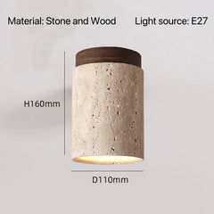 Stone Cylinder Pendant Light with Wood Accent and Natural Texture