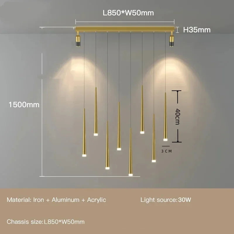 Gold pendant light fixture with dimensions and material details on a gray background