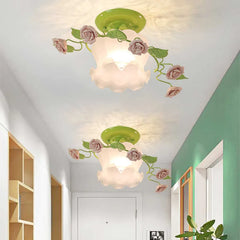 Green Floral Rose Ceramic Semi-Flush Ceiling Light