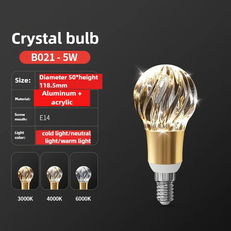 Crystal bulb with specifications on a dark background