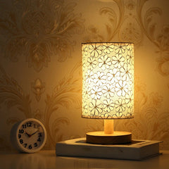 Fabric Drum Shade Table Lamp Natural Wood Base Wheat Stalk Design