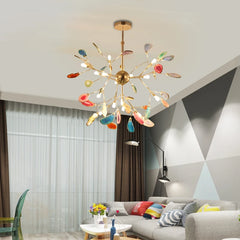 Gold finished sputnik chandelier with multi-colored agate slices in a living room setting