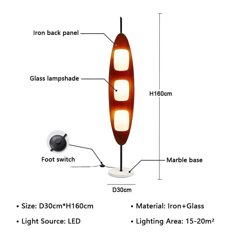 Floor lamp with labeled parts and specifications on a white background