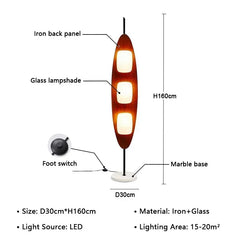 Floor lamp with labeled parts and specifications on a white background